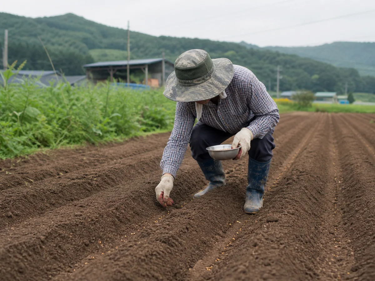 배수로를 정리한 가을 밭 두둑에 김장무 씨앗을 직접 파종하는 모습